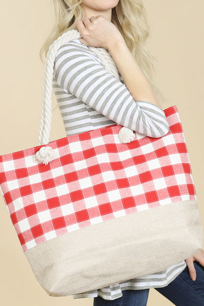 RED STITCHED PLAID PATTERN TOTE BAG