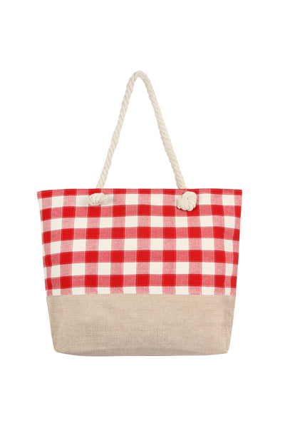 RED STITCHED PLAID PATTERN TOTE BAG