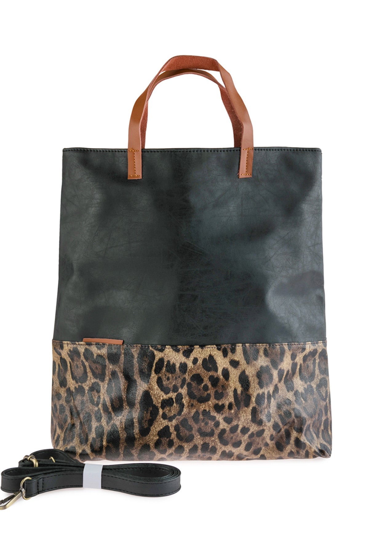 LEATHER WITH LEOPARD PRINT TOTE BAG/6PCS