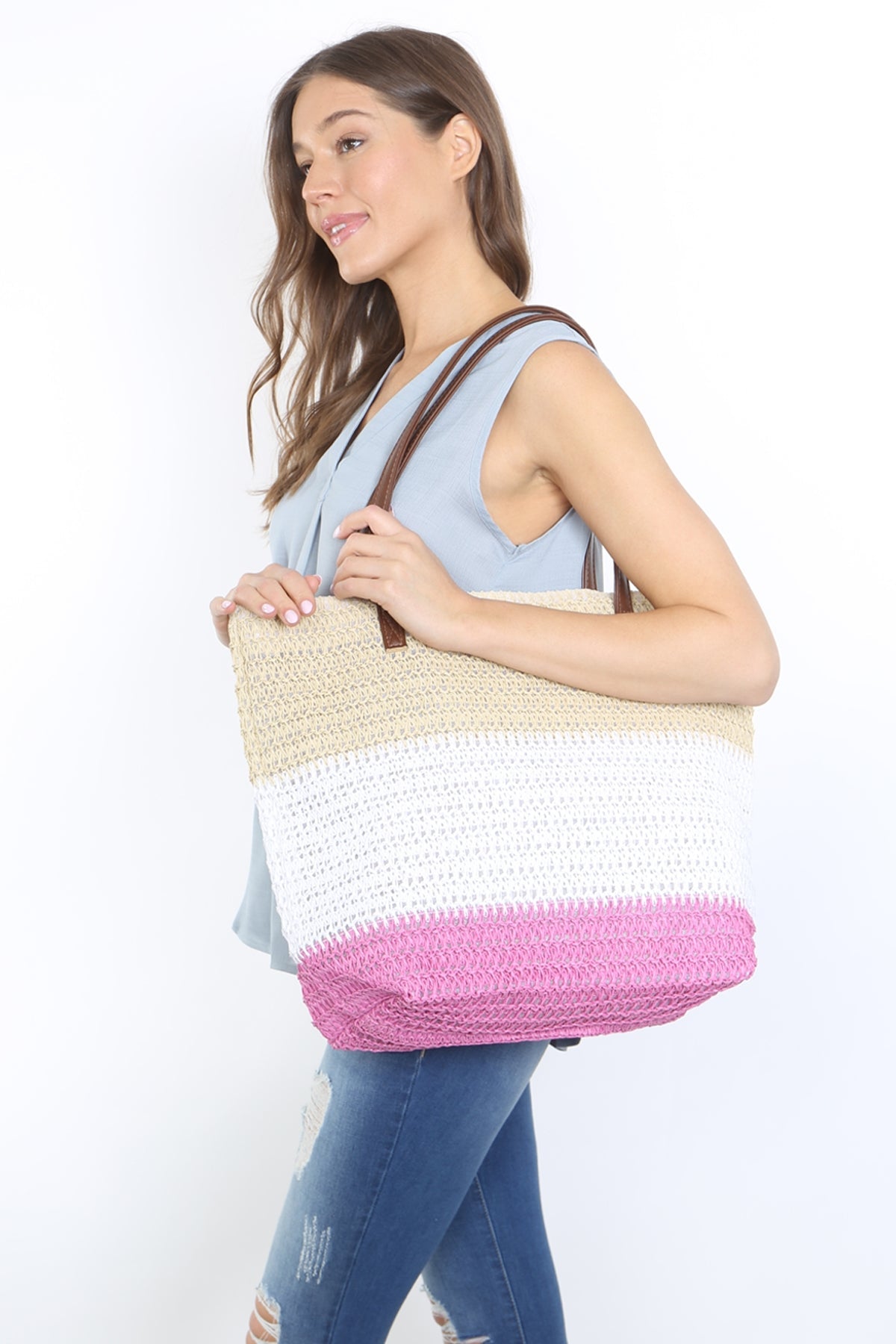 THREE TONE CROCHET WOMENS FASHION TOTE BAG/6PCS (NOW $4.00 ONLY!)