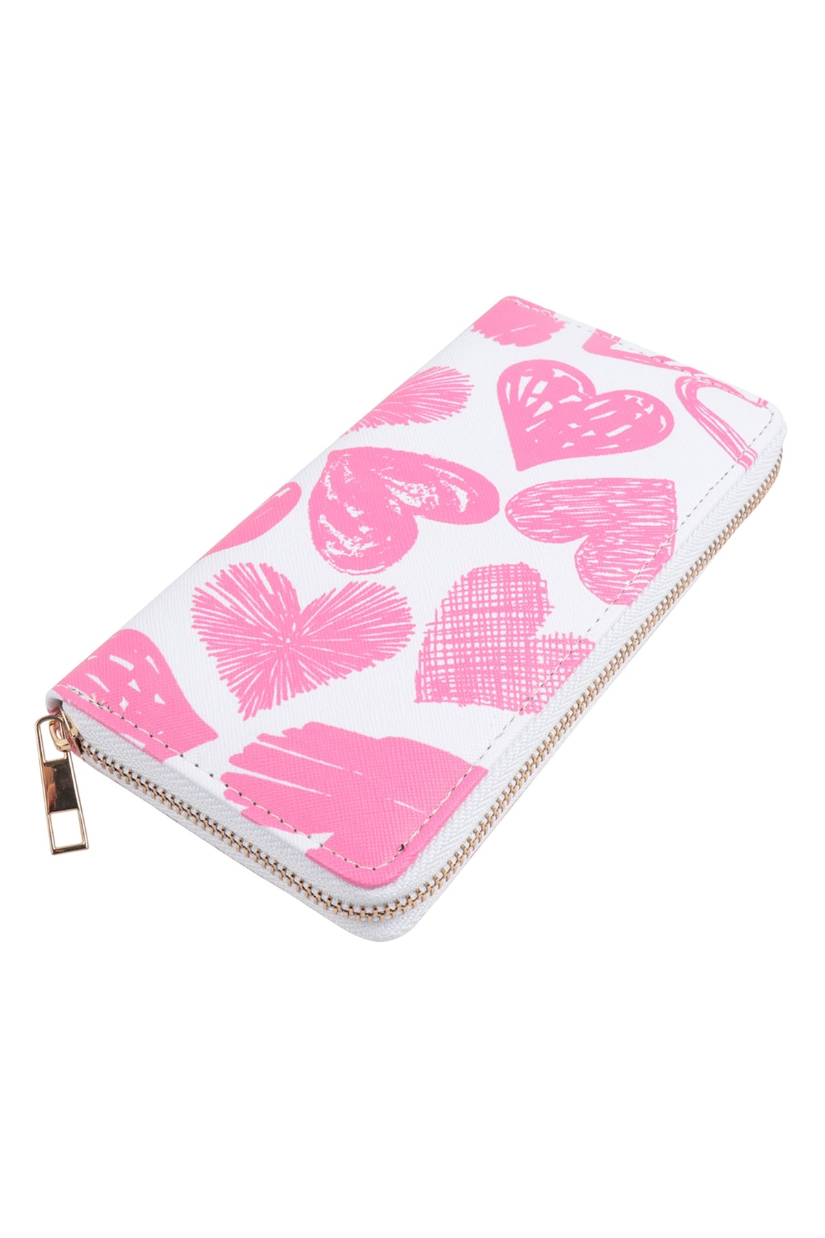 STAMP HEART PRINT LEATHER ZIPPER WALLET