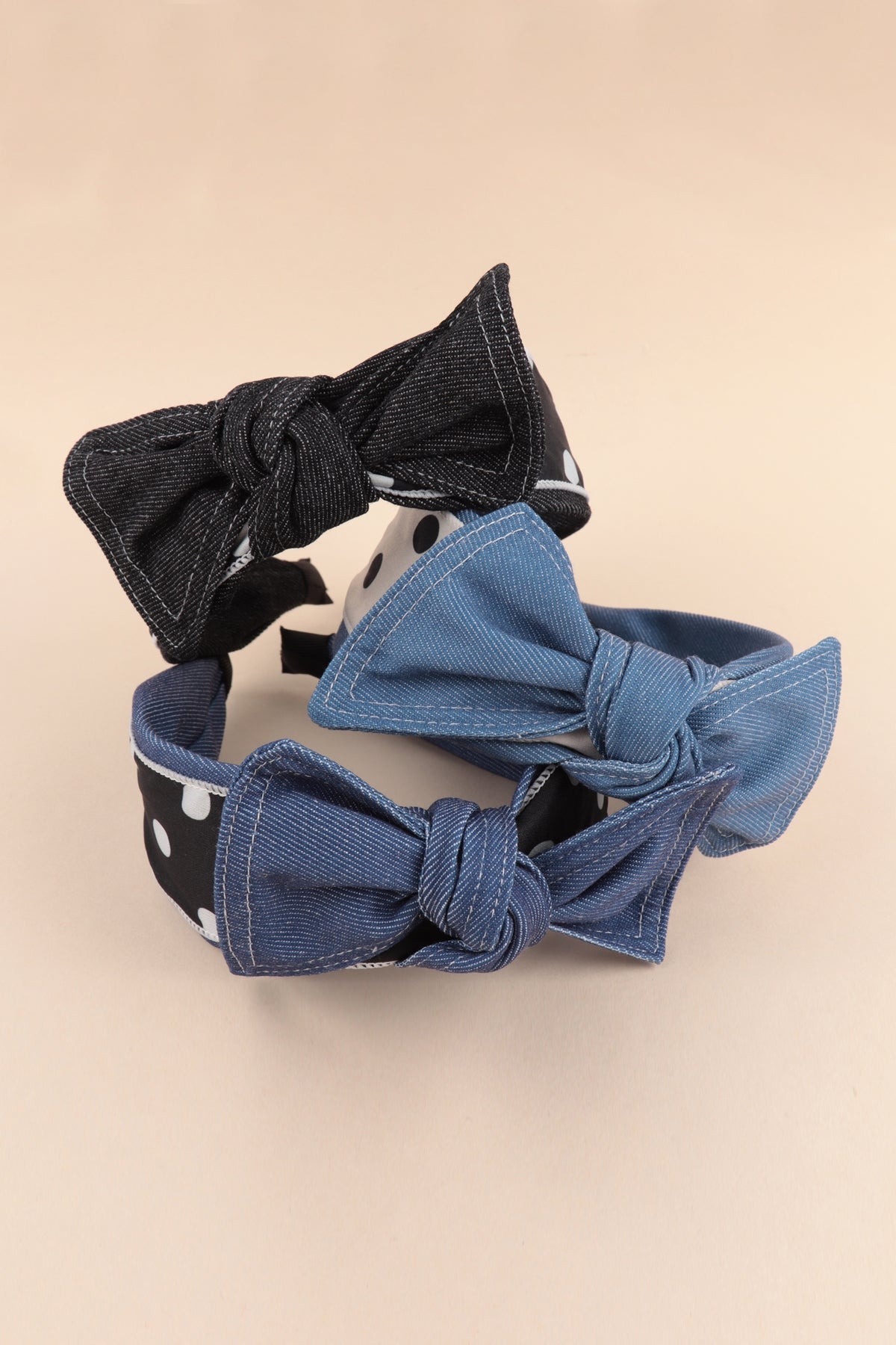 DENIM POLKA DOT PRINT KNOTTED RIBBON HEADBAND HAIR ACCESSORIES/6PCS (NOW $1.00 ONLY!)