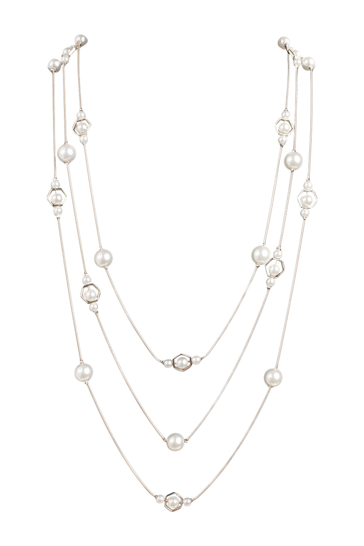 SILVER MULTI LINE OCTAGON PEARL CHAIN NECKLACE/6PCS