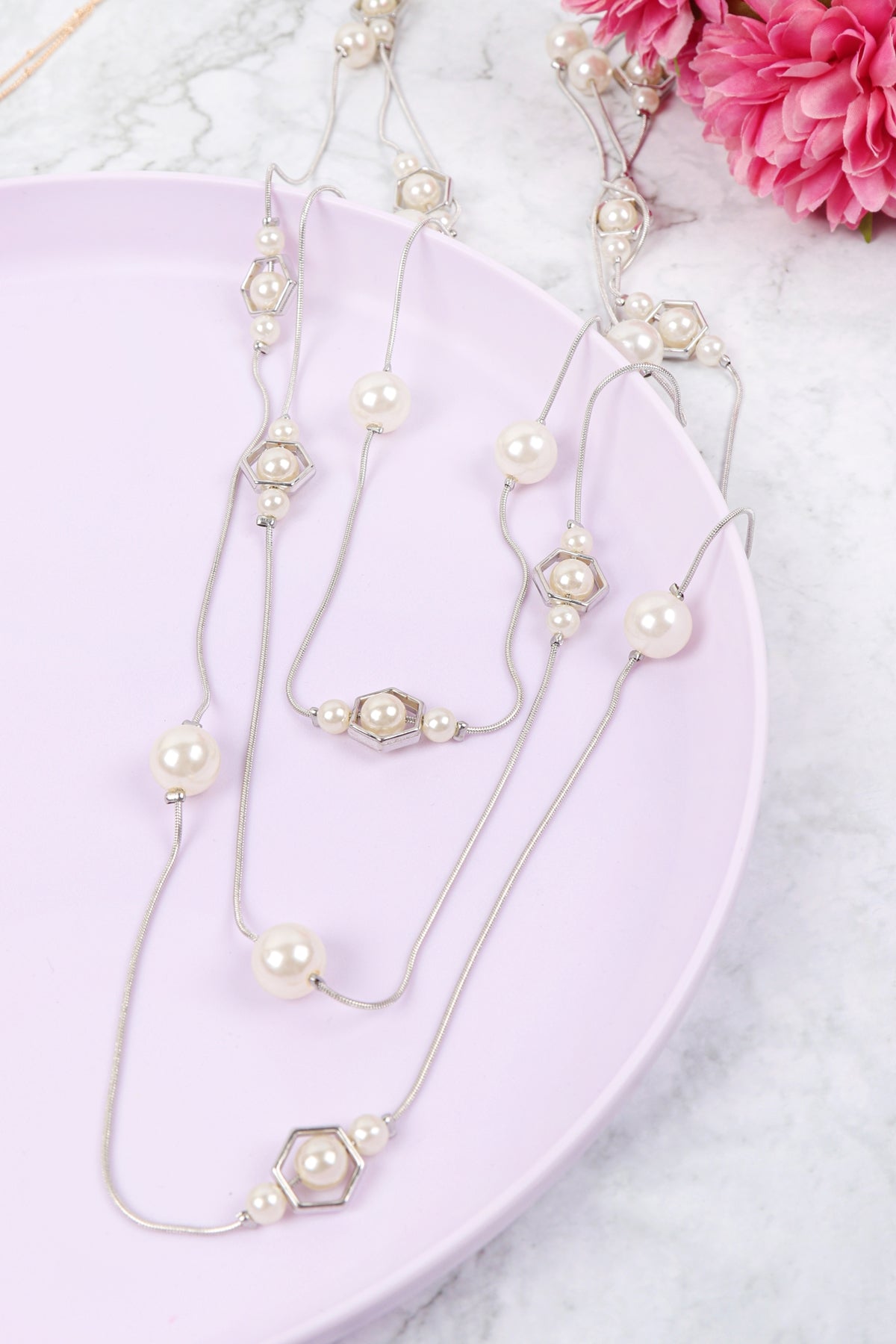 SILVER MULTI LINE OCTAGON PEARL CHAIN NECKLACE/6PCS