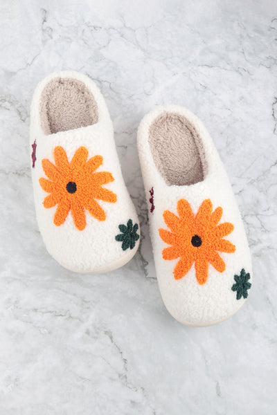 SUNFLOWER PRINT FLEECE SLIPPER-ORANGE/6PCS(S2-M2-L2)