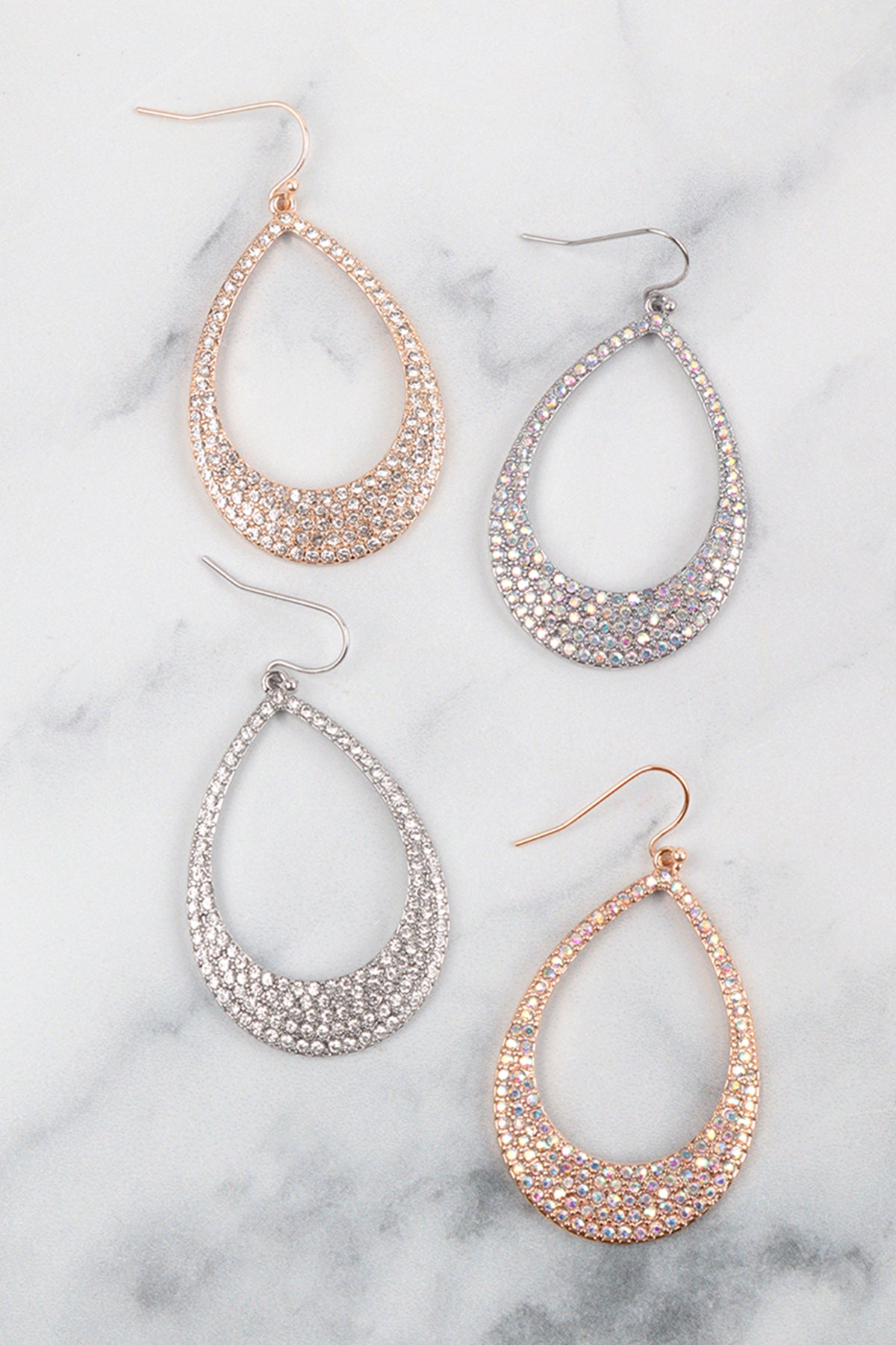 PAVE RHINESTONE OPEN TEARDROP FISH HOOK EARRINGS