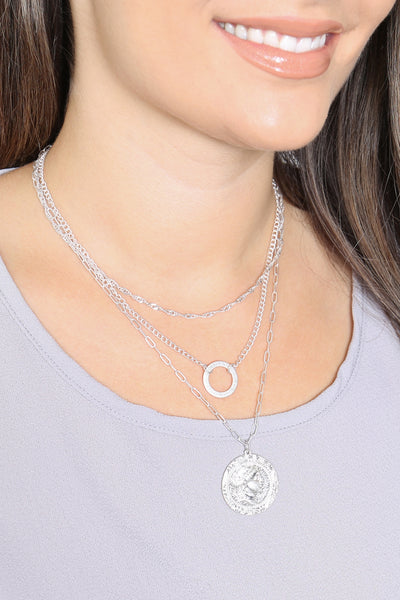 3 LAYERED CHAIN W/ ENGRAVED DISK PENDANT NECKLACE