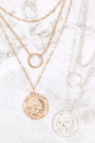 3 LAYERED CHAIN W/ ENGRAVED DISK PENDANT NECKLACE