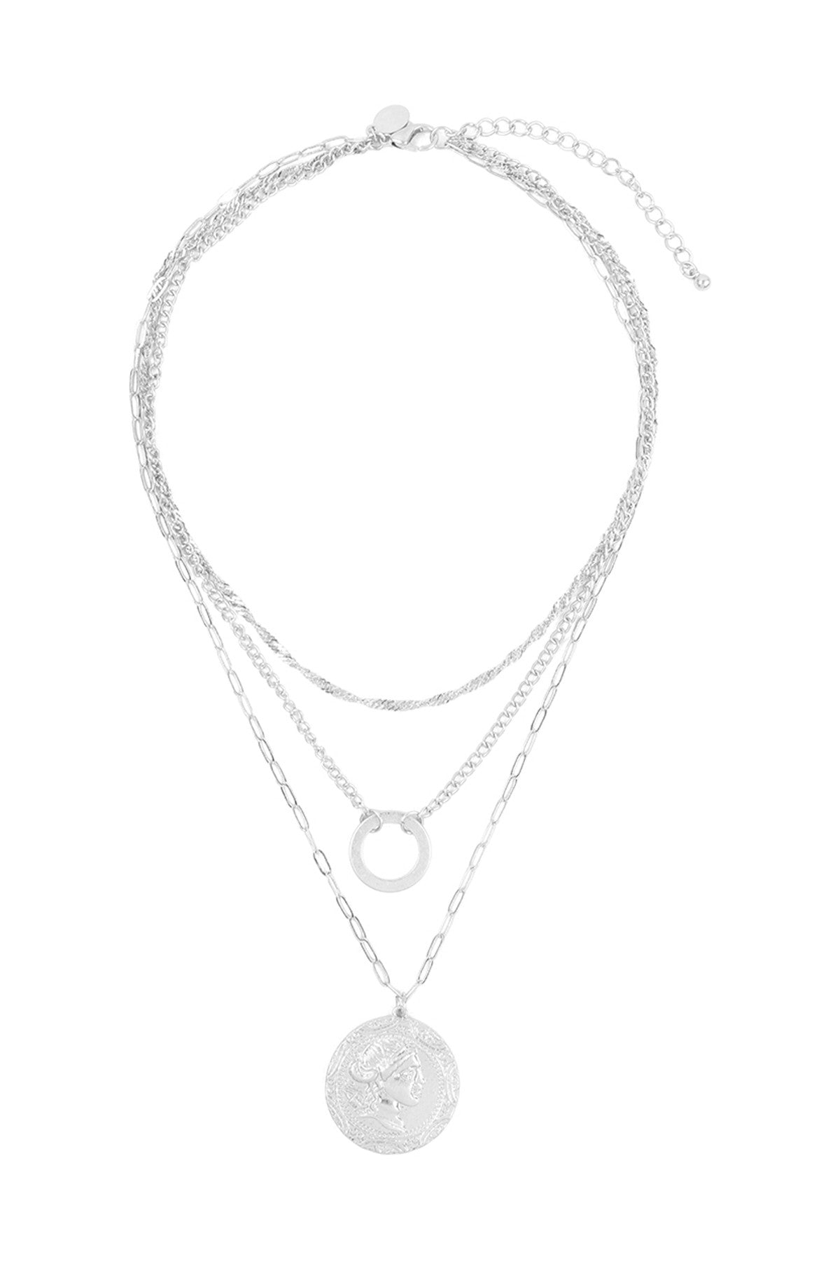 3 LAYERED CHAIN W/ ENGRAVED DISK PENDANT NECKLACE