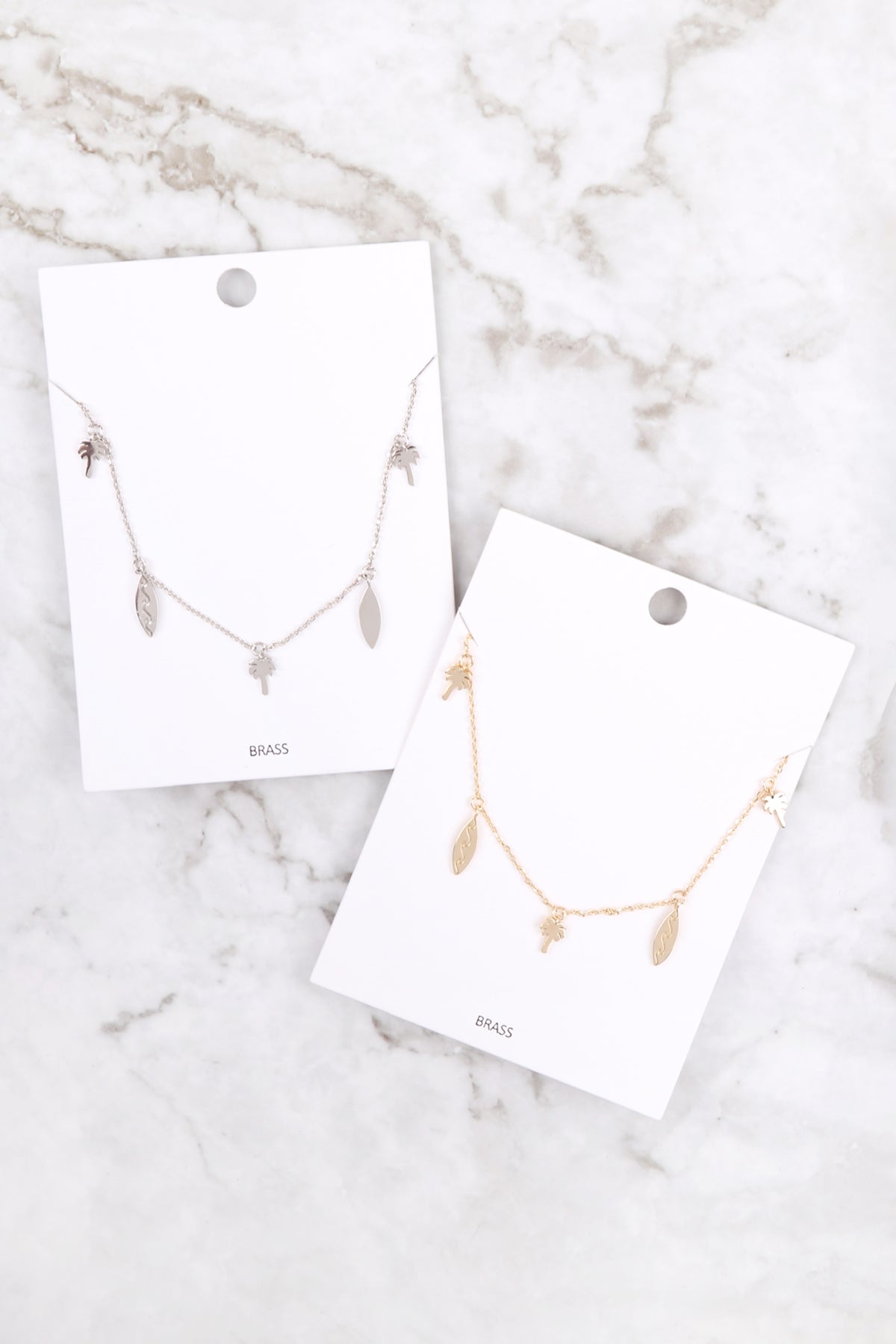 PALM TREE & SURF BOARD BRASS DAINTY NECKLACE/6PCS (NOW $2.00 ONLY!)