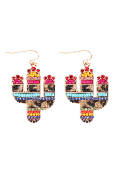 CACTUS MIX SEED BEAD RHINESTONE GENUINE LEATHER PAVE DROP EARRINGS (NOW $4.00 ONLY!)
