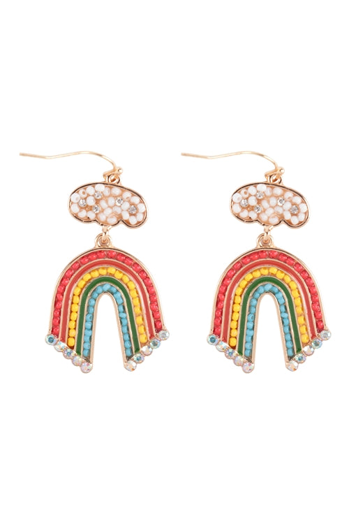 RAINBOW SEED BEADS RHINESTONE FISH HOOK EARRINGS