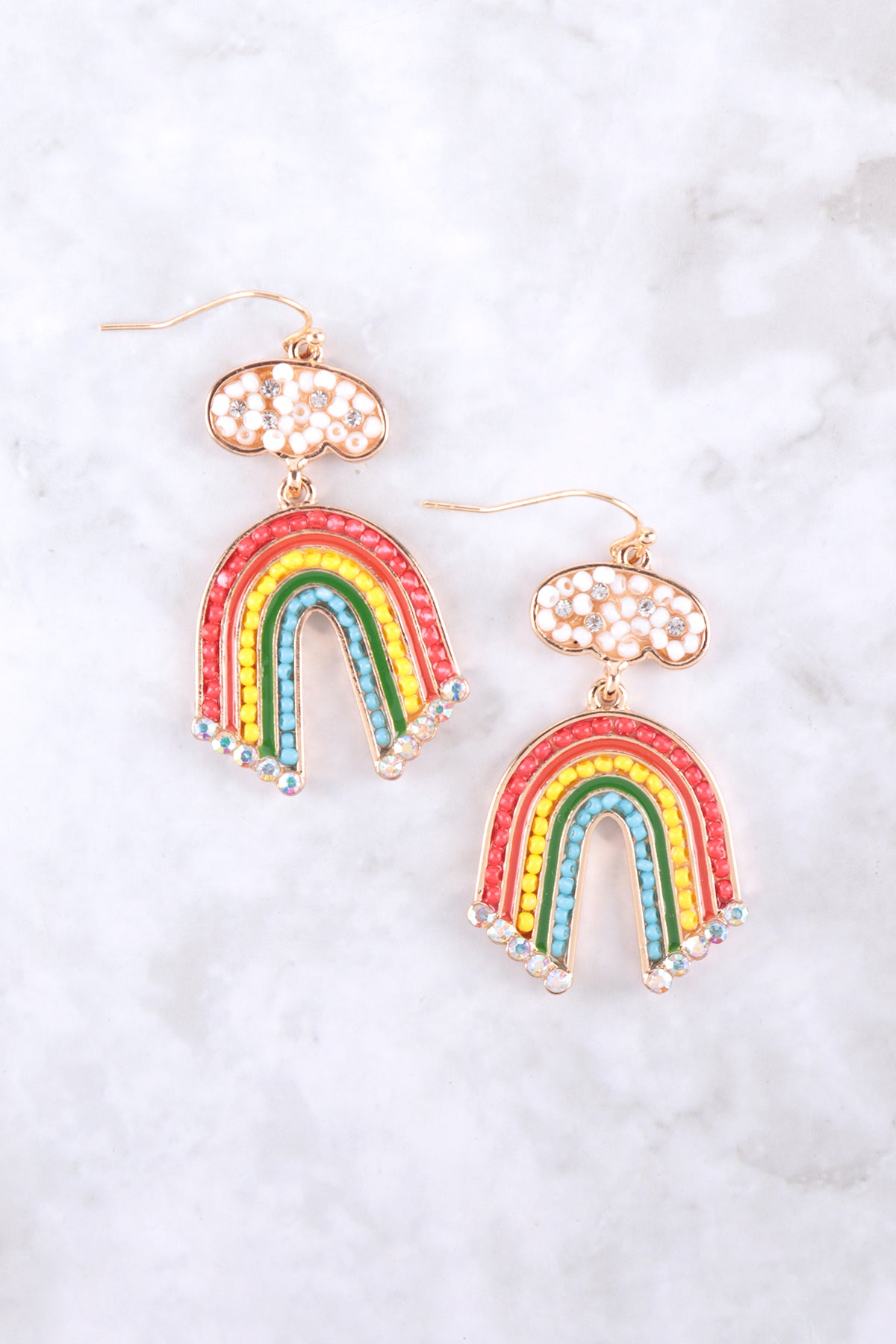 RAINBOW SEED BEADS RHINESTONE FISH HOOK EARRINGS
