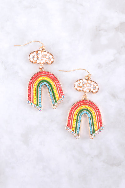 RAINBOW SEED BEADS RHINESTONE FISH HOOK EARRINGS