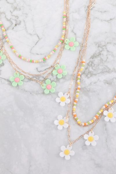 DAISY STAIONARY CHARM PENDANT BEAD 3 LAYERED NECKLACE/6PCS (NOW $4.50 ONLY!)