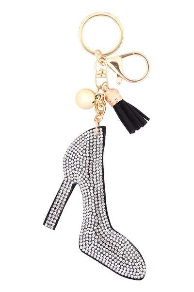 LADIES CLEAR BLACK SHOES RHINESTONE TASSEL KEYCHAIN