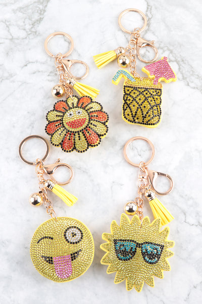 SUMMER FLOWER SMILEY RHINESTONE TASSEL KEYCHAIN