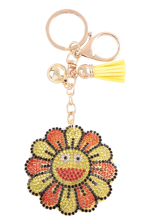SUMMER FLOWER SMILEY RHINESTONE TASSEL KEYCHAIN