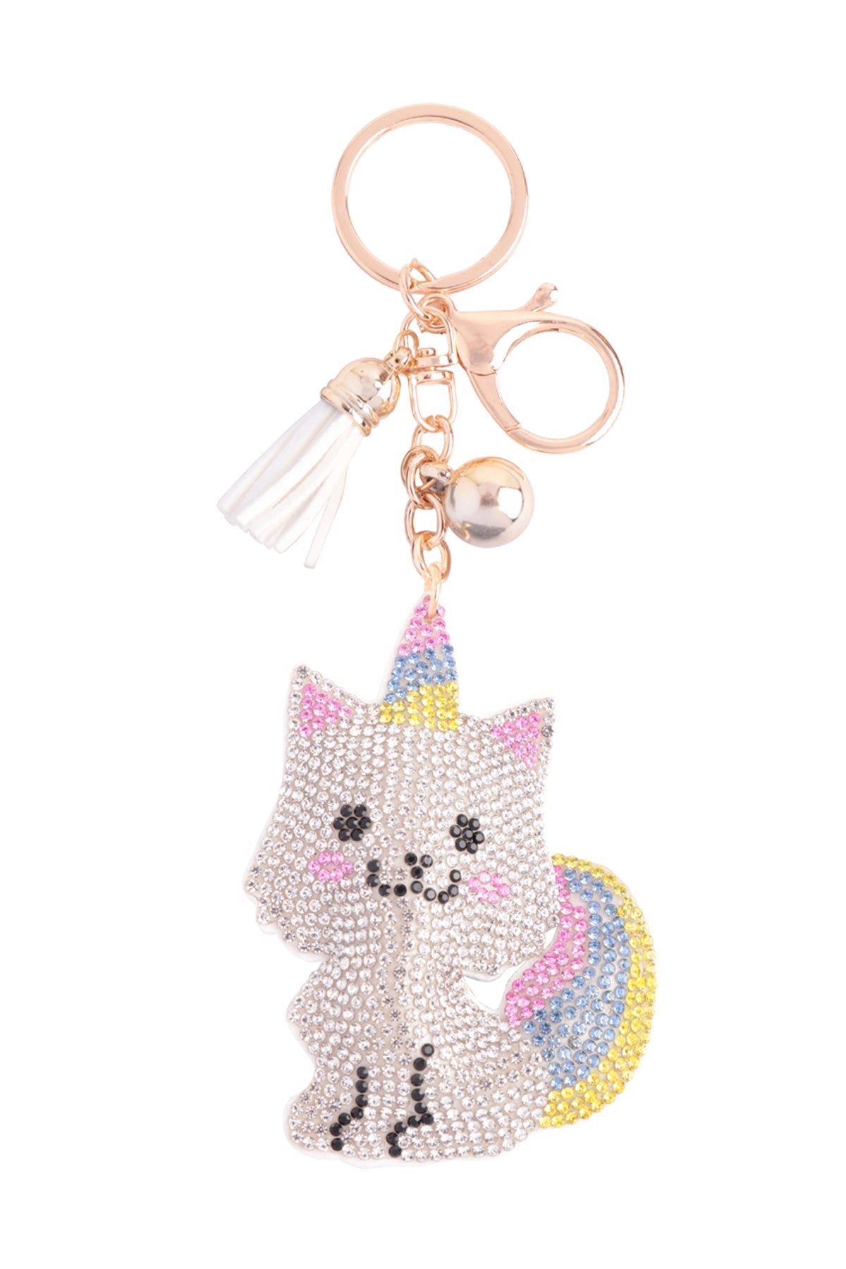 S18-9-1-KC380X272/HDK3722-1 - CUTE CAT RHINESTONE TASSEL KEYCHAIN-WHITE