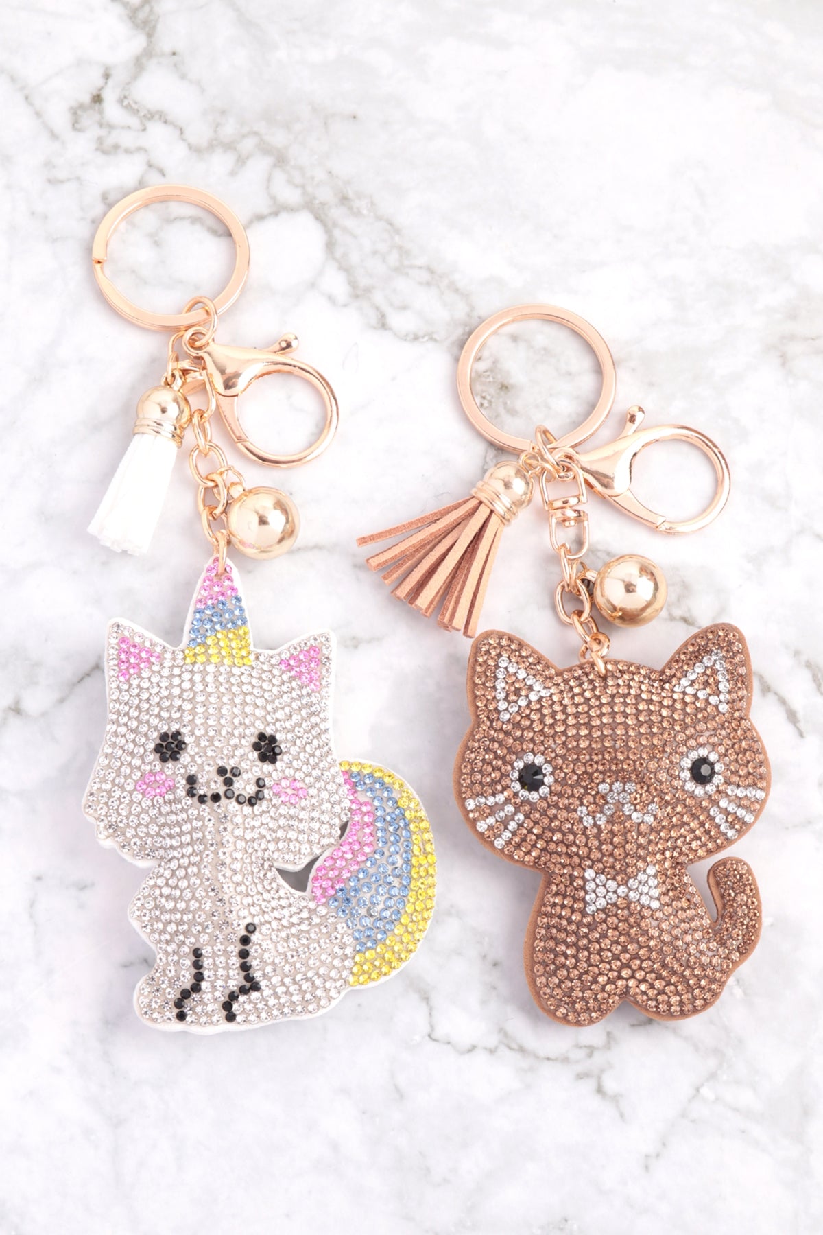 S18-9-1-KC380X272/HDK3722-1 - CUTE CAT RHINESTONE TASSEL KEYCHAIN-WHITE