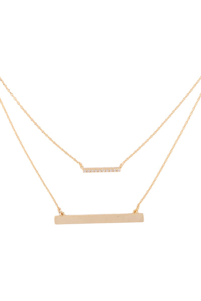 BRASS LAYERED PAVE CUBIC ZIRCOINIA BAR PENDANT NECKLACE