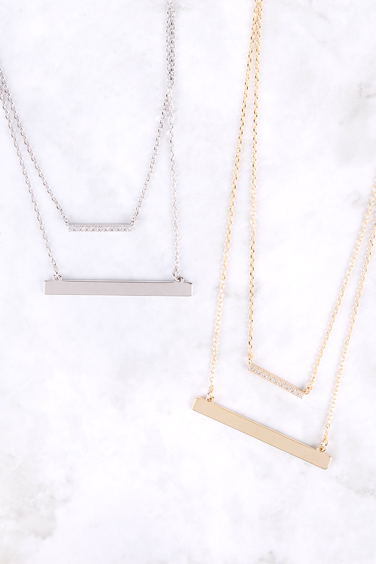 BRASS LAYERED PAVE CUBIC ZIRCOINIA BAR PENDANT NECKLACE