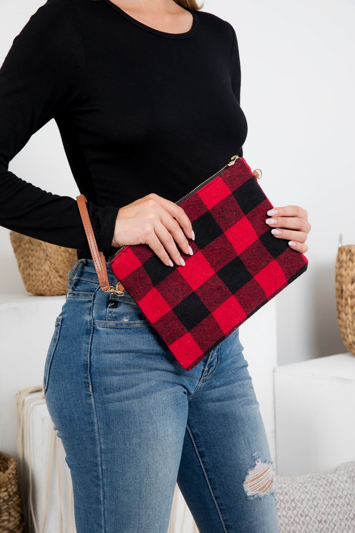 BUFFALO PLAID CROSS BODY & WRISTLET BAG POLYESTER/6PCS