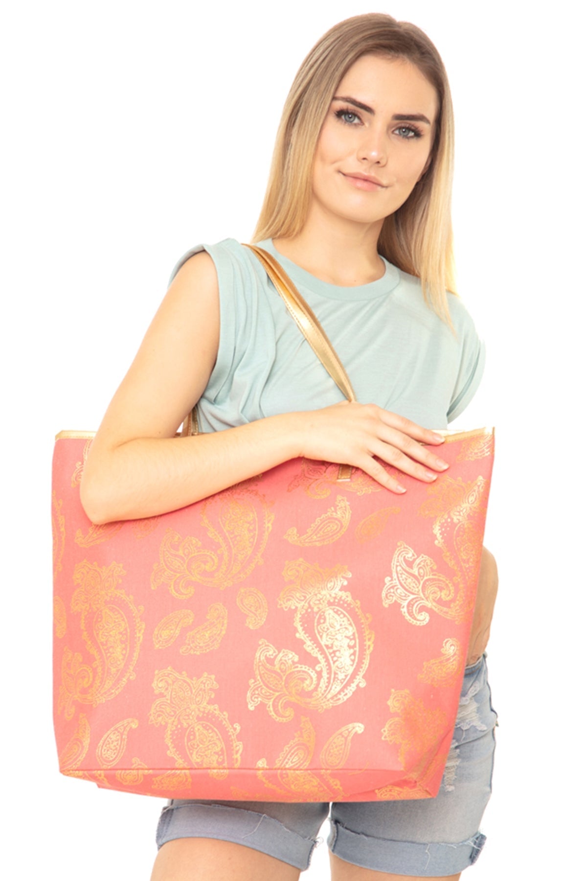 GOLD FOIL PAISLEY TOTE BAG CORAL/6PCS