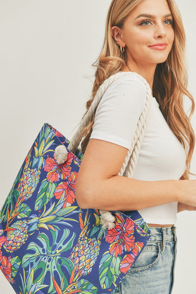 TROPICAL PINEAPPLE TOTE BAG WITH ROPE HANDLES