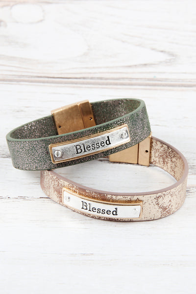 "BLESSED" FAUX LEATHER MESSAGE BRACELET