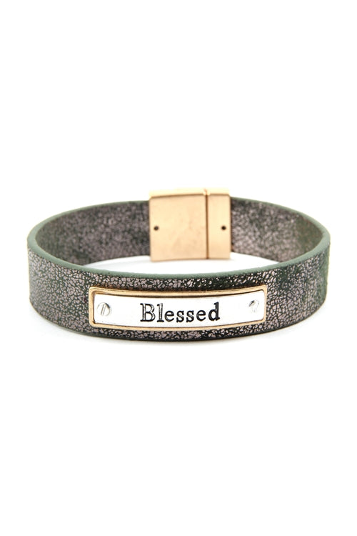 "BLESSED" FAUX LEATHER MESSAGE BRACELET