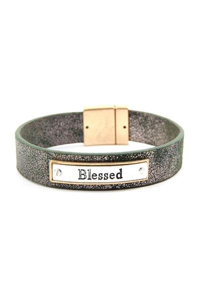 "BLESSED" FAUX LEATHER MESSAGE BRACELET
