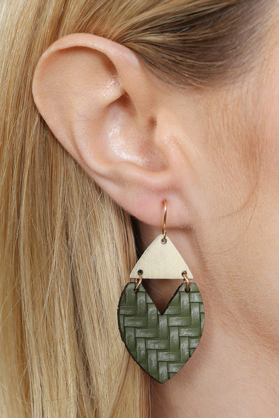 HEART SHAPE TEXTURED LEATHER & WOOD EARRINGS