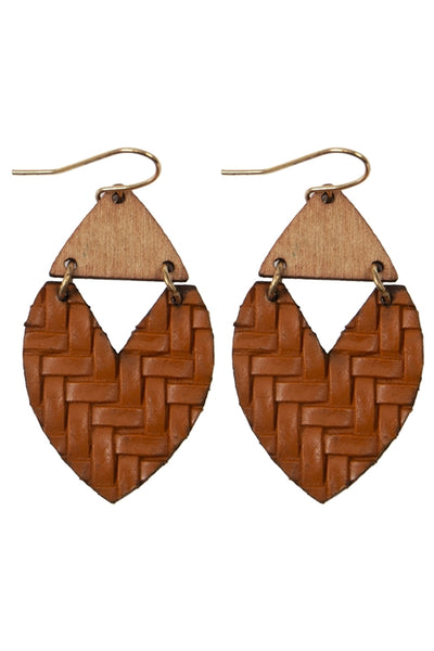 HEART SHAPE TEXTURED LEATHER & WOOD EARRINGS