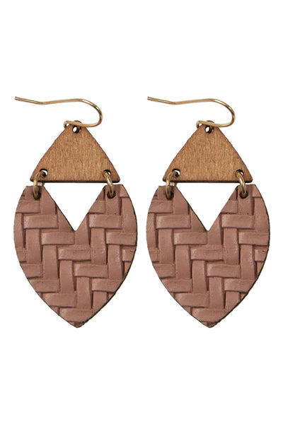 HEART SHAPE TEXTURED LEATHER & WOOD EARRINGS