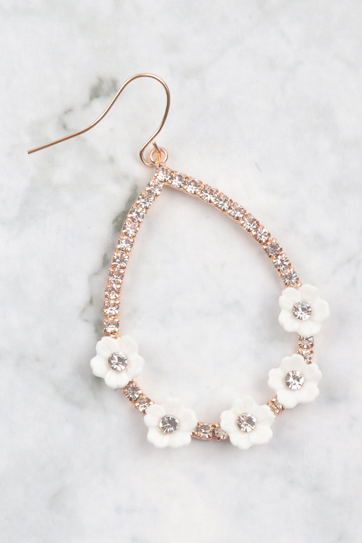 WHITE FLOWER & STONE TEARDROP EARRINGS