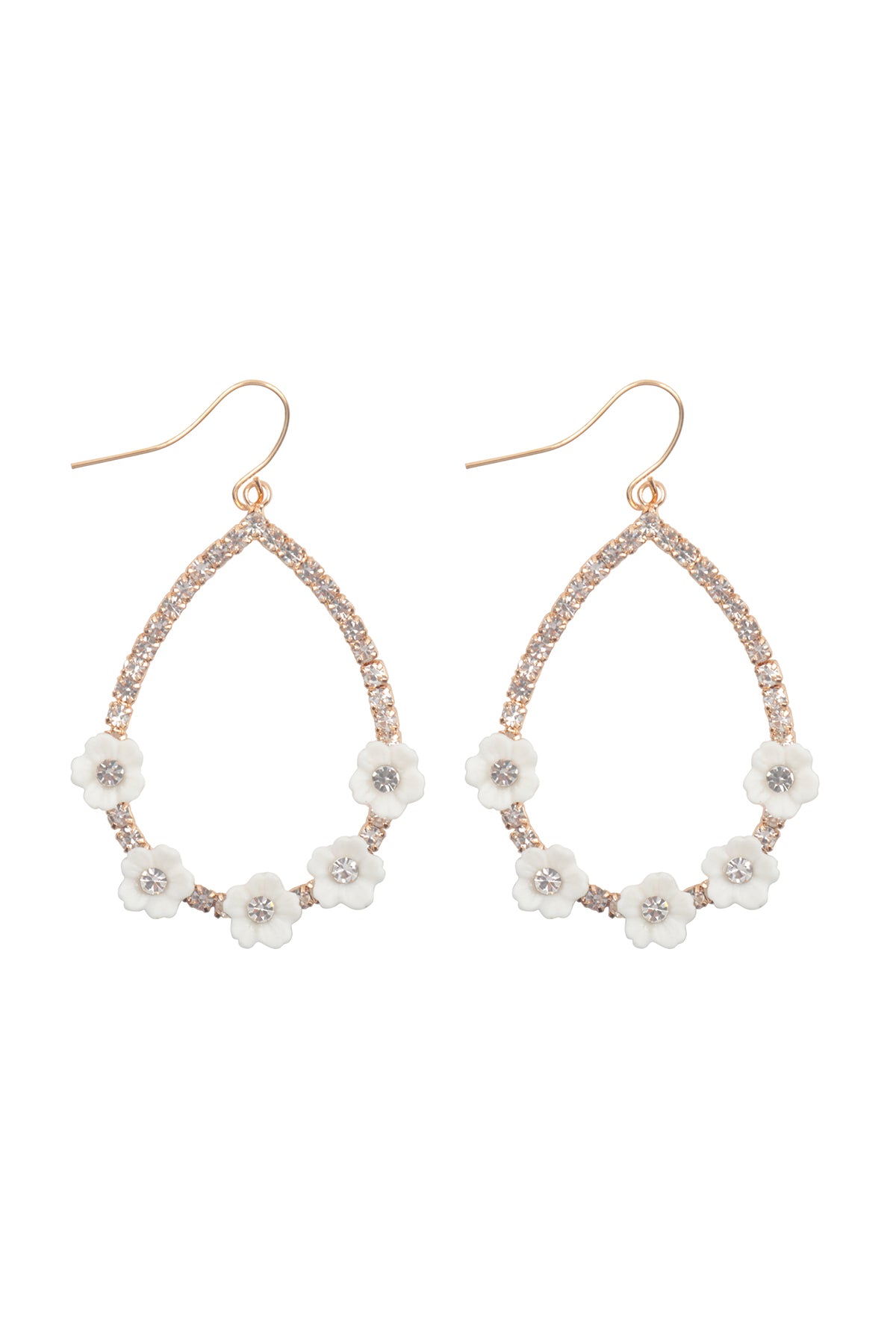WHITE FLOWER & STONE TEARDROP EARRINGS