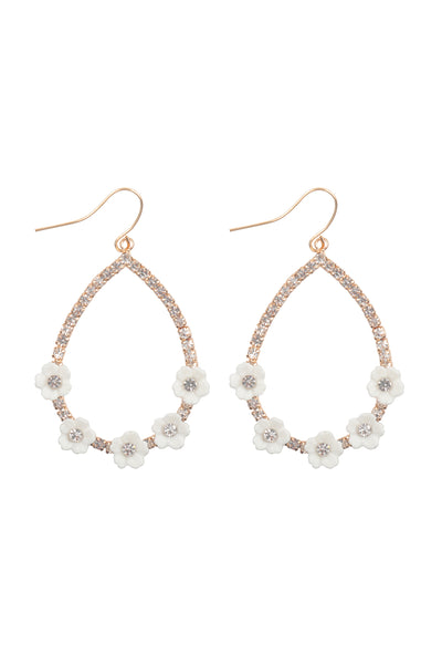 WHITE FLOWER & STONE TEARDROP EARRINGS