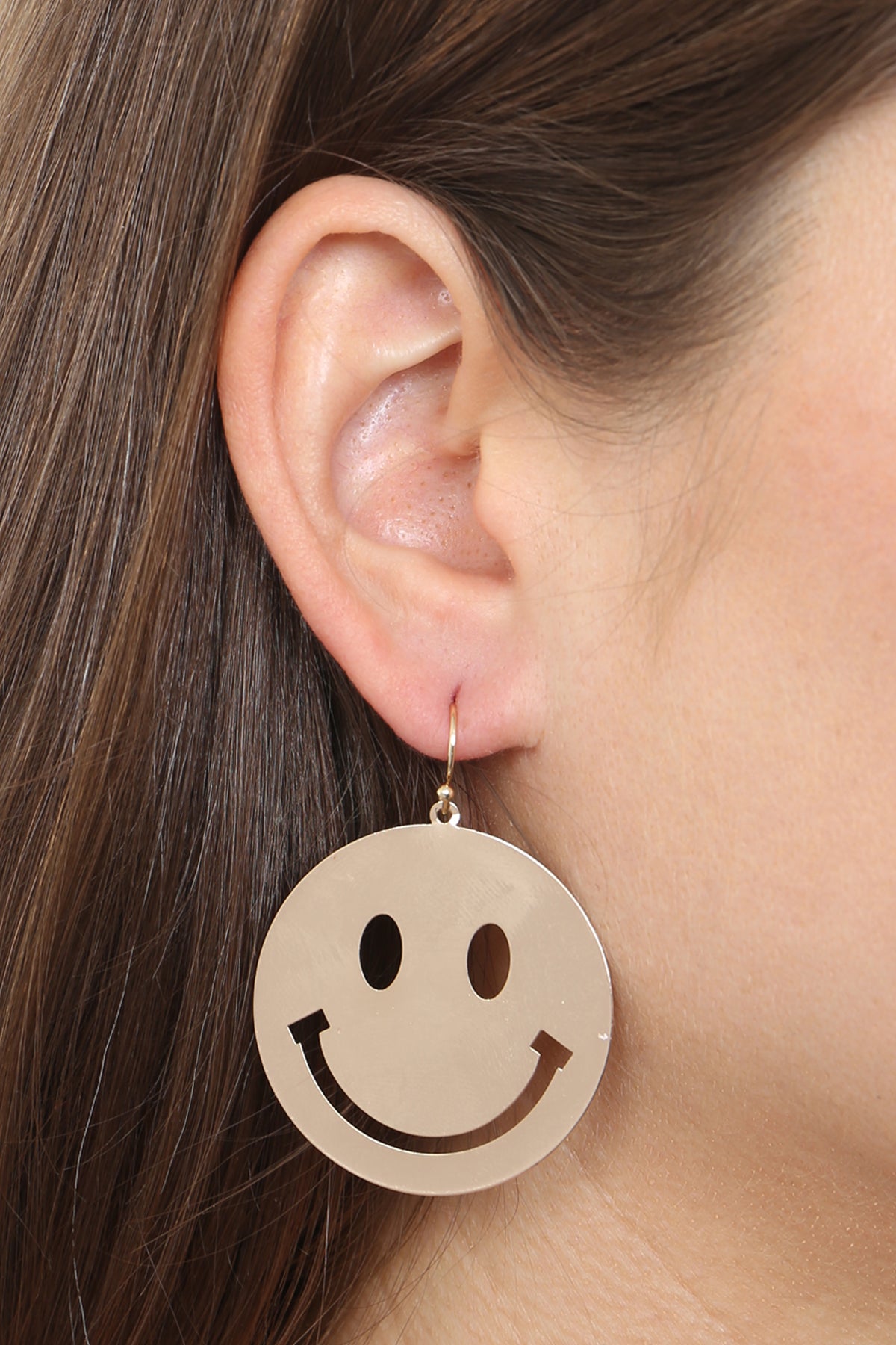 SMILEY FACE OPEN CUT DANGLE FISH HOOK EARRINGS