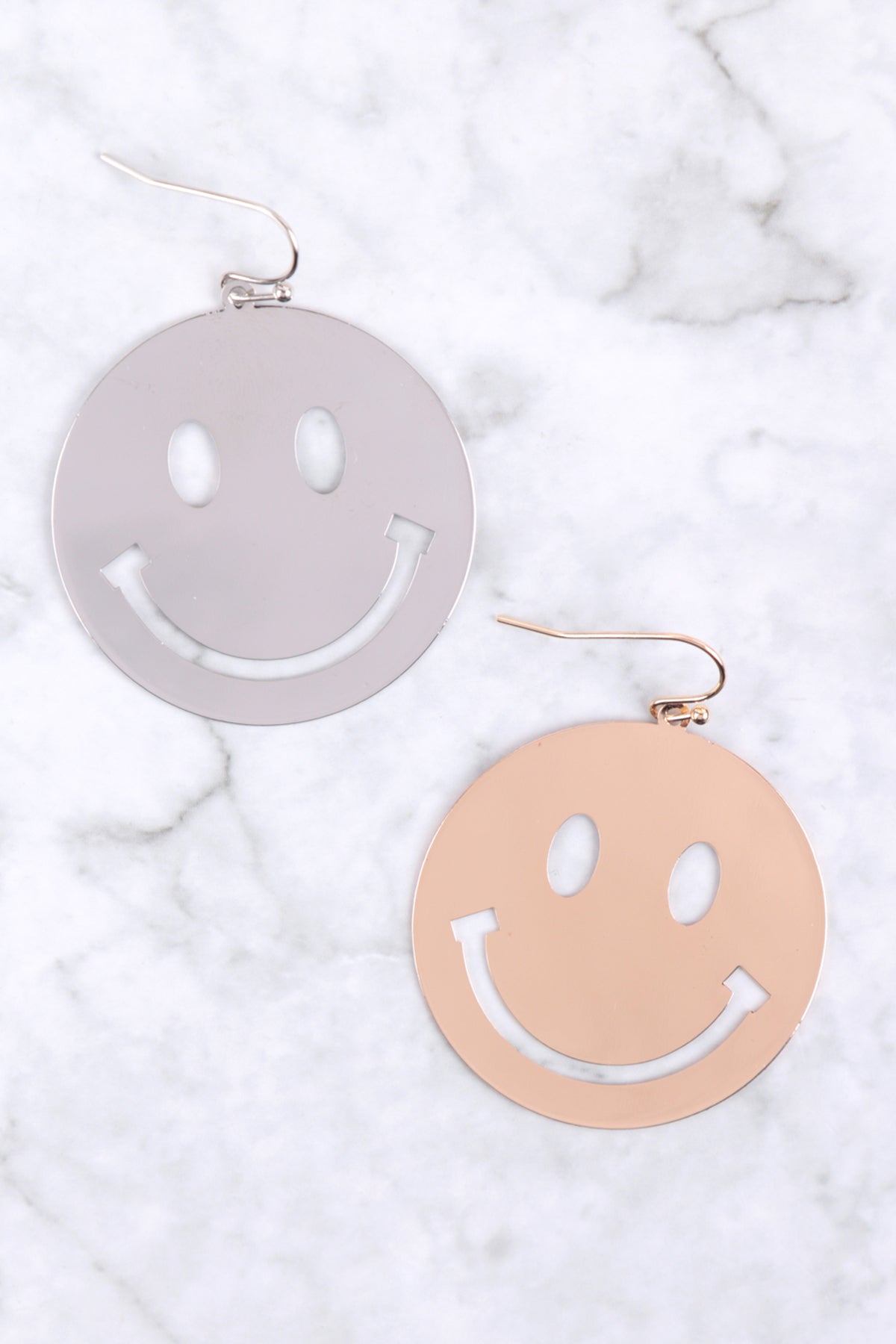 SMILEY FACE OPEN CUT DANGLE FISH HOOK EARRINGS