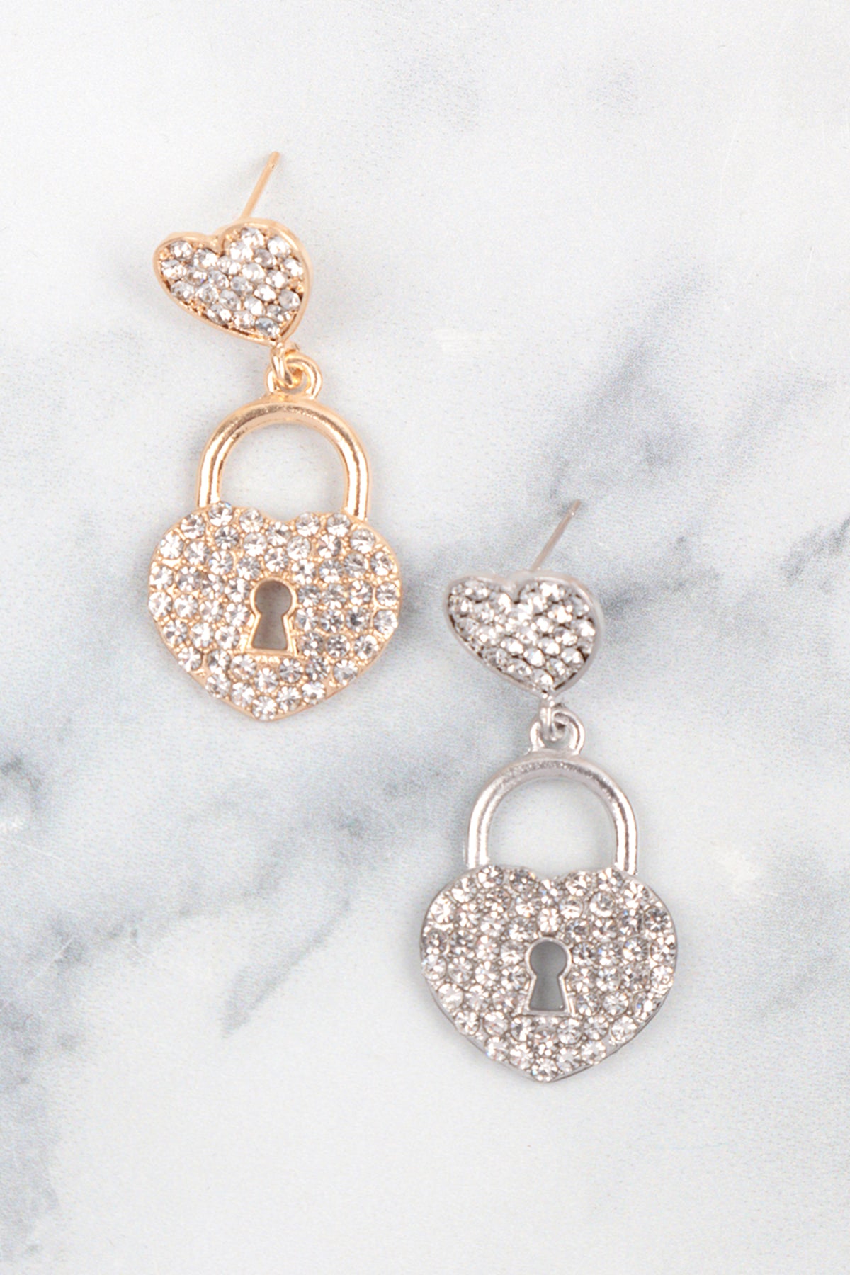LOCK HEART RHINESTONE GLITTER EARRING SET