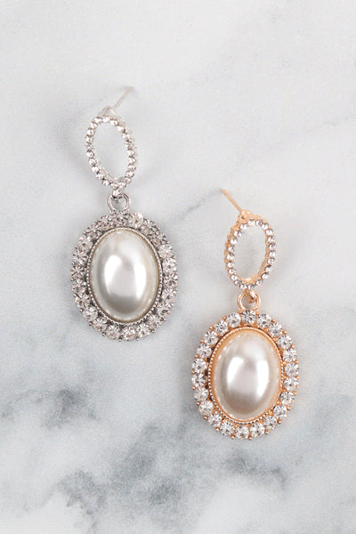 OVAL CENTER PEARL RHINESTONE BRIDAL EARRINGS SET
