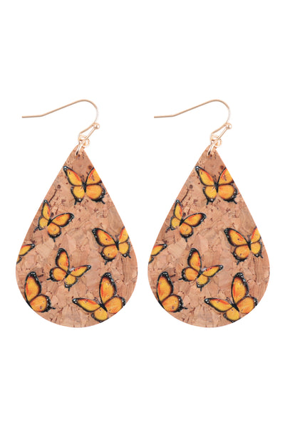 BUTTERFLIES PRINTED CORK TEARDROP FISH HOOK EARRINGS