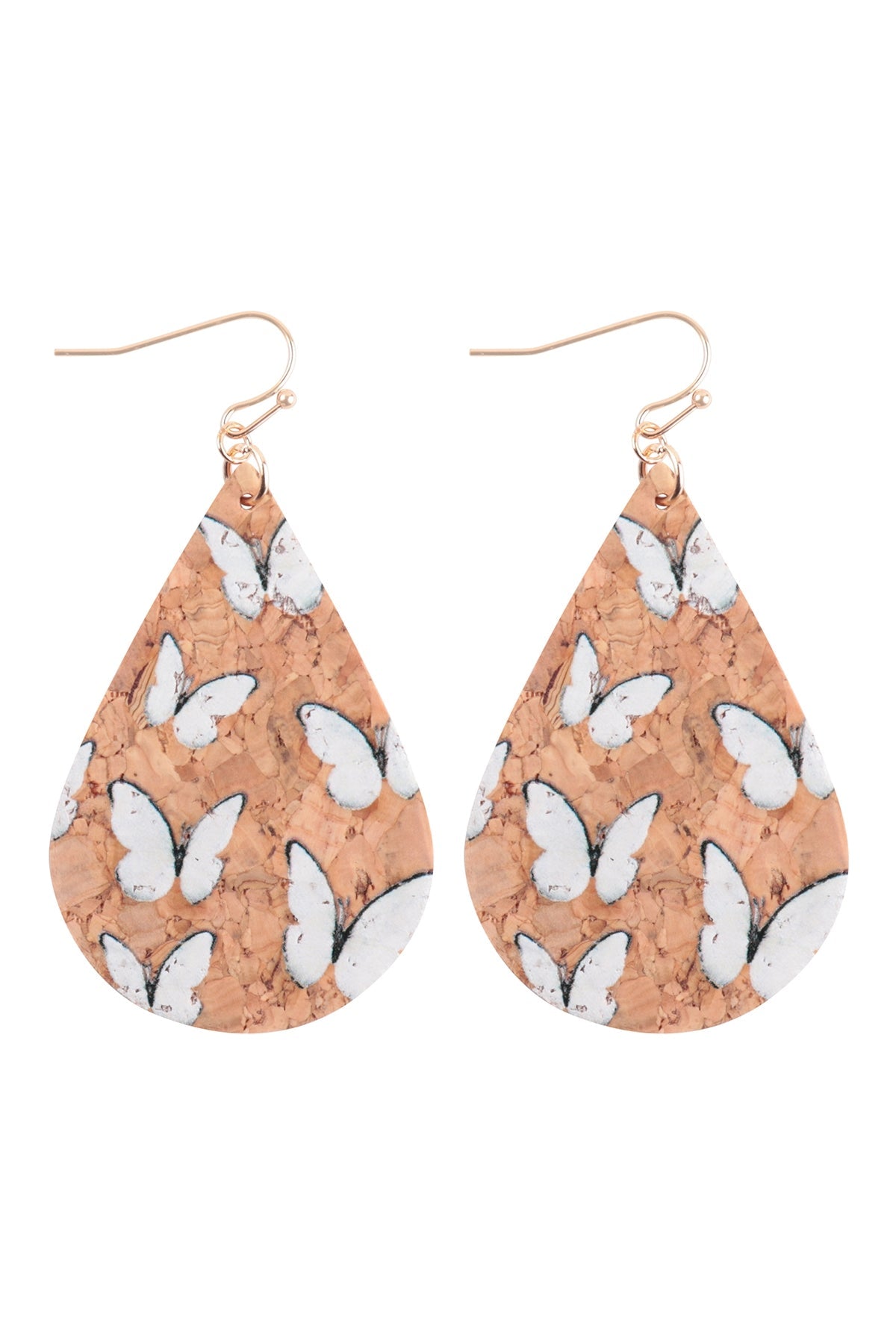 BUTTERFLIES PRINTED CORK TEARDROP FISH HOOK EARRINGS