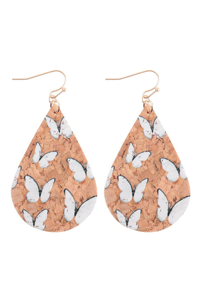 BUTTERFLIES PRINTED CORK TEARDROP FISH HOOK EARRINGS