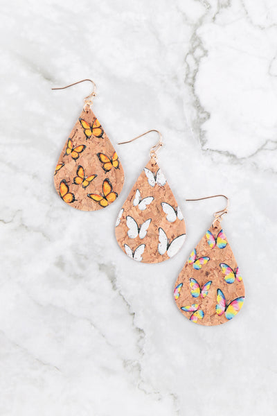 BUTTERFLIES PRINTED CORK TEARDROP FISH HOOK EARRINGS
