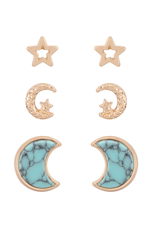 SEMI PRECIOUS STONE 3 SET STAR AND MOON STUD EARRINGS