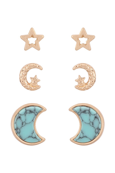 SEMI PRECIOUS STONE 3 SET STAR AND MOON STUD EARRINGS