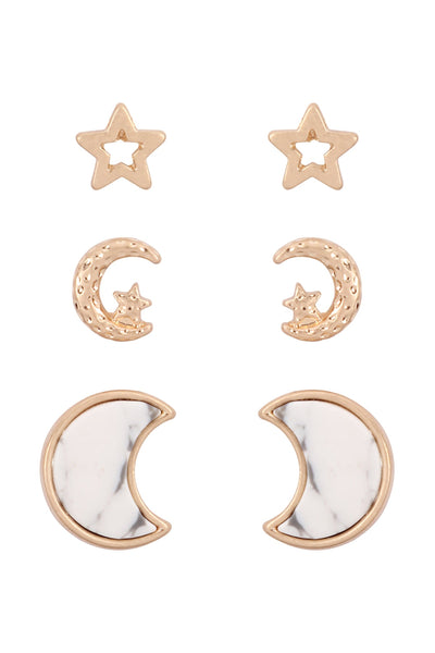 SEMI PRECIOUS STONE 3 SET STAR AND MOON STUD EARRINGS