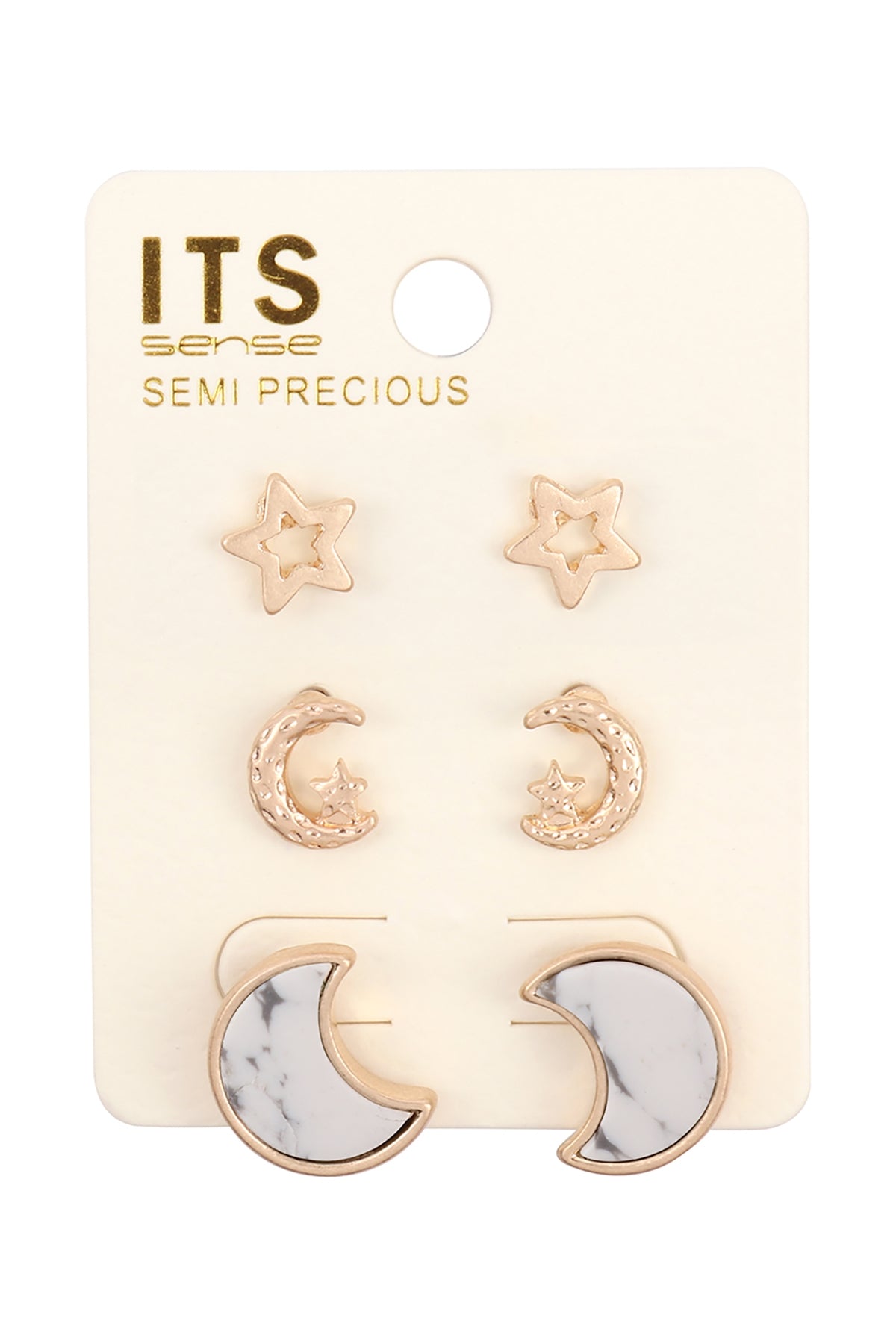 SEMI PRECIOUS STONE 3 SET STAR AND MOON STUD EARRINGS